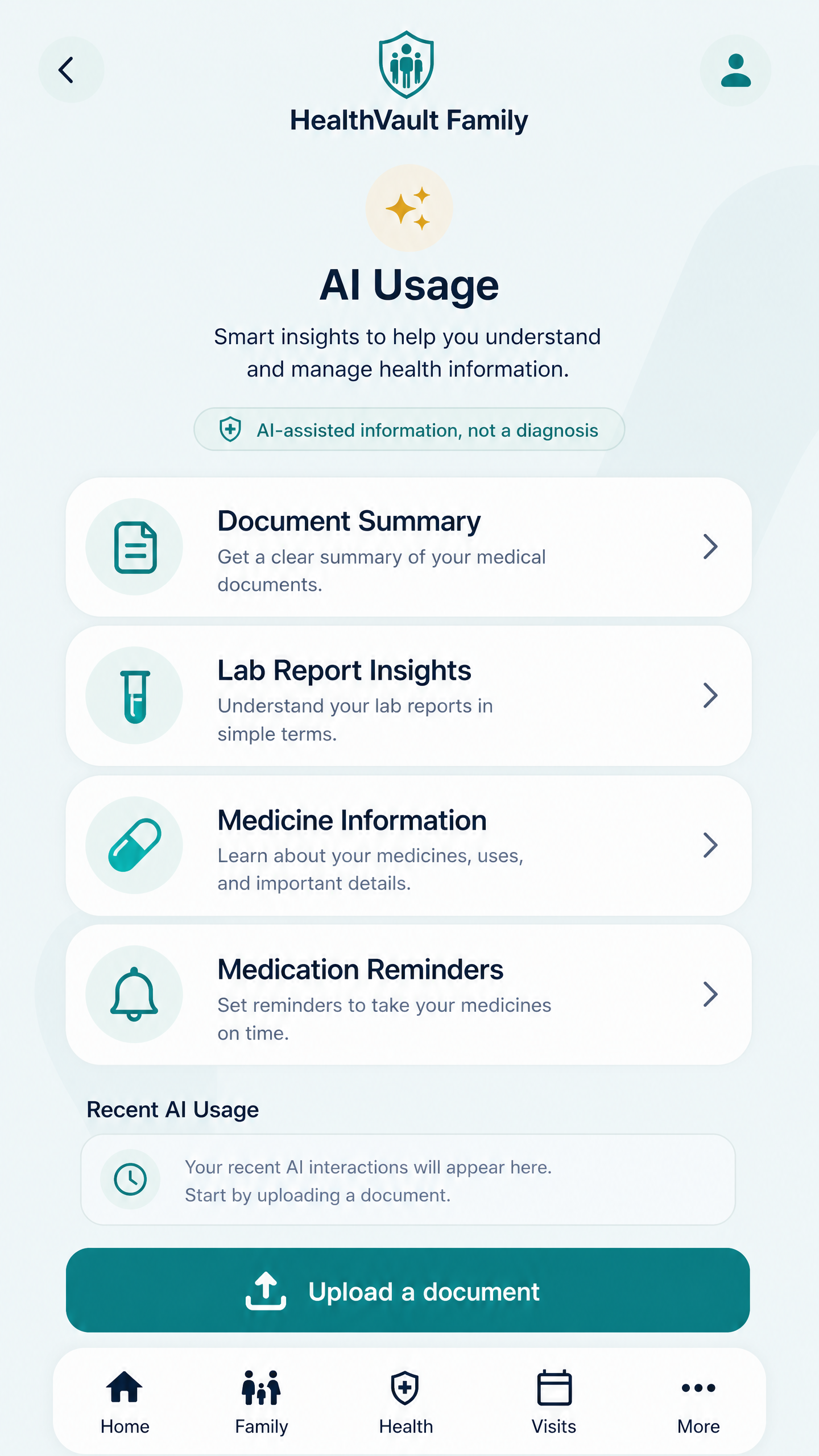 HealthVault Family AI Usage screen with summary and medication actions
