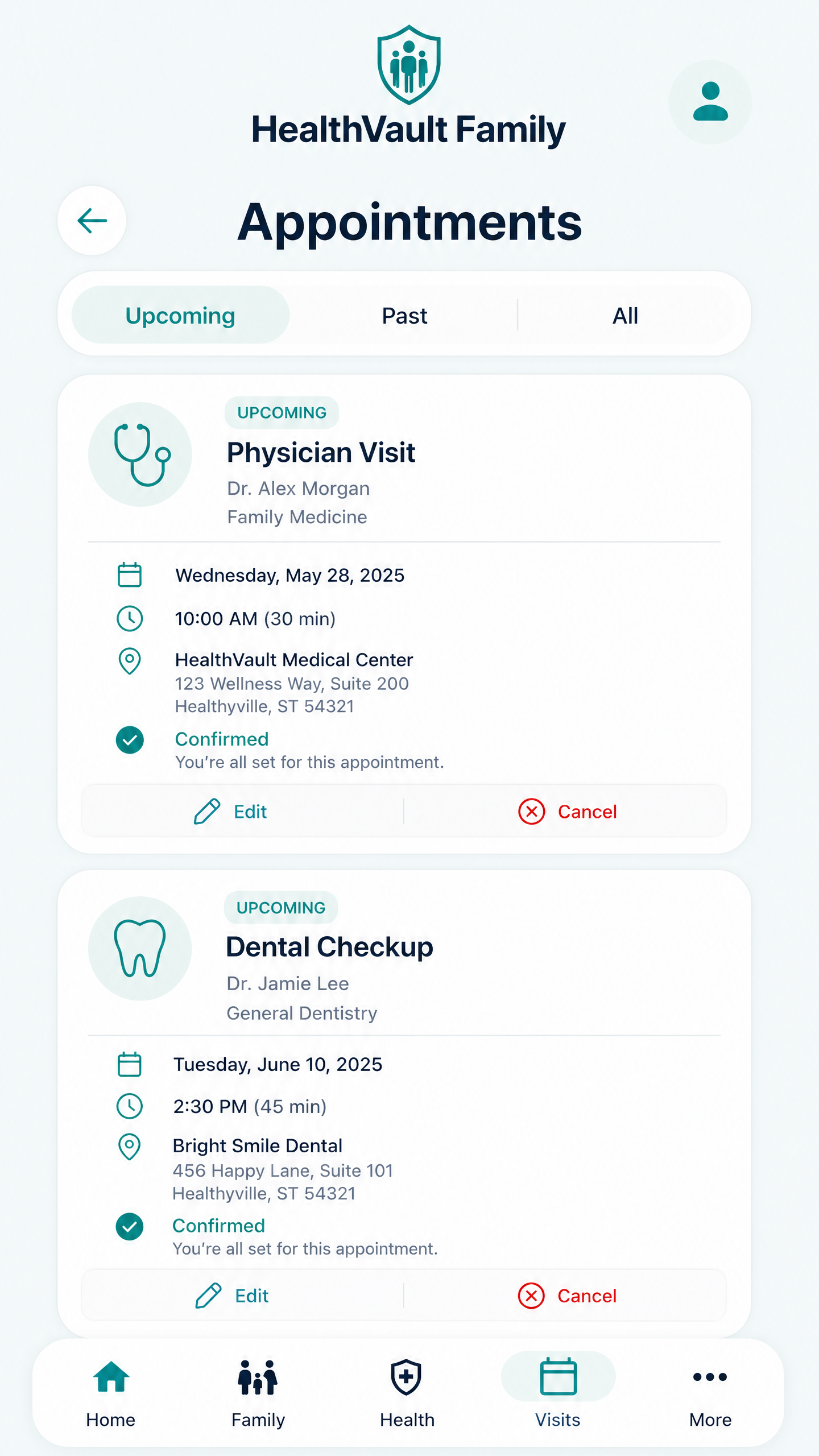 HealthVault Family appointments screen