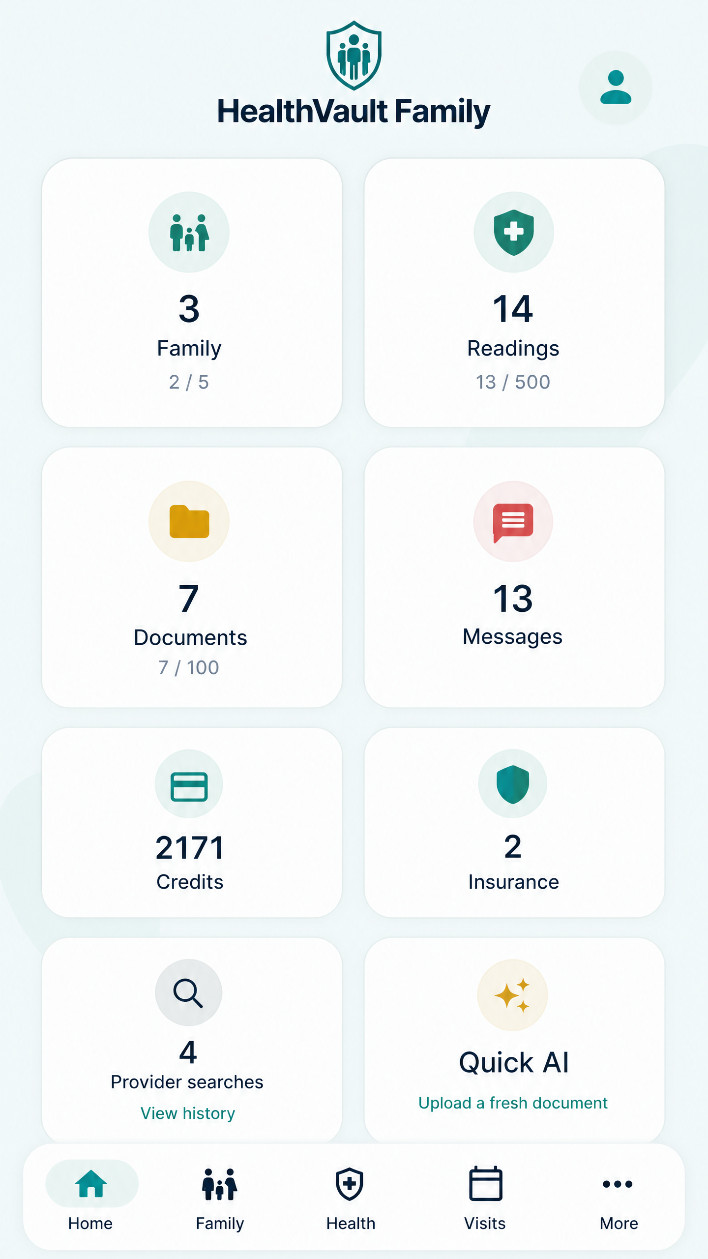 HealthVault Family dashboard showing family health features