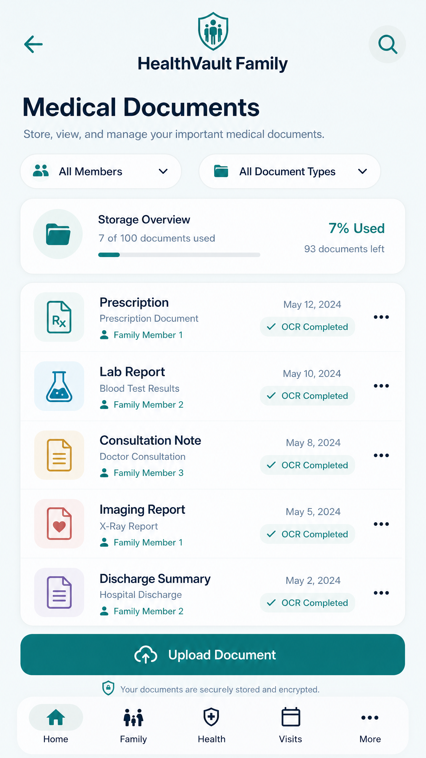 HealthVault Family medical documents screen