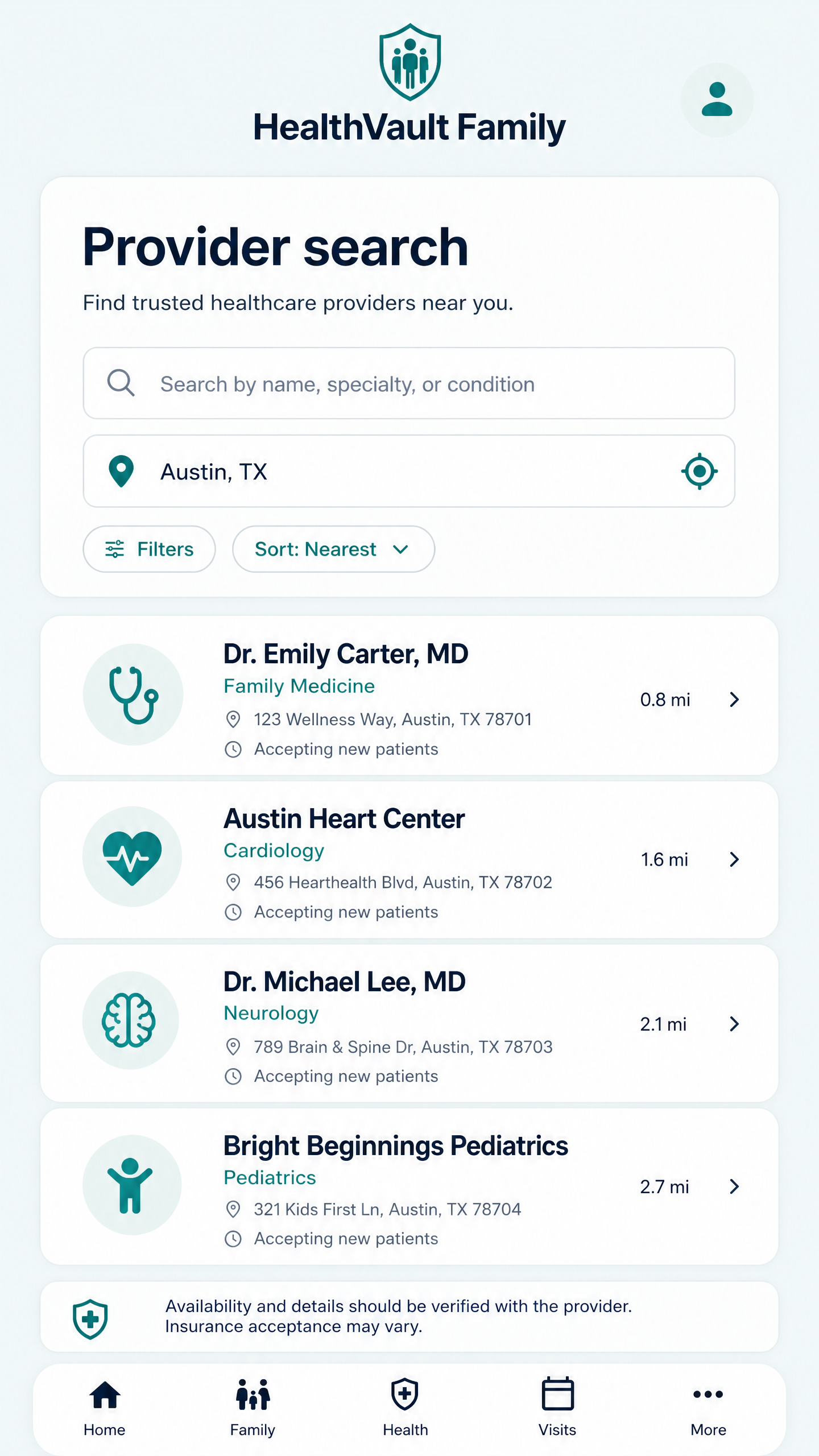Illustrative HealthVault Family provider search screen