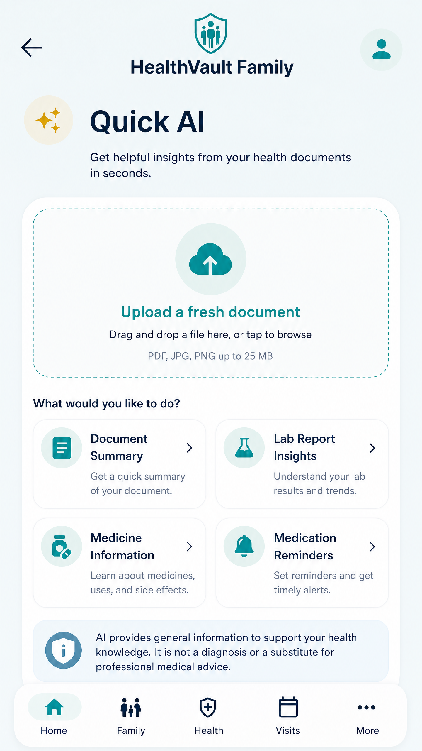 HealthVault Family Quick AI document upload screen